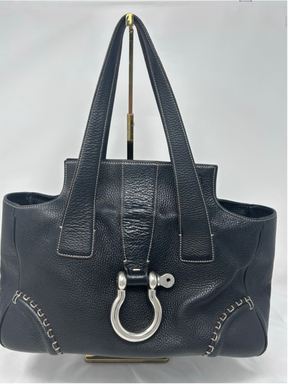 Vintage Burberry London Black Pebbled Leather Shoulder Tote Bag Horsebit